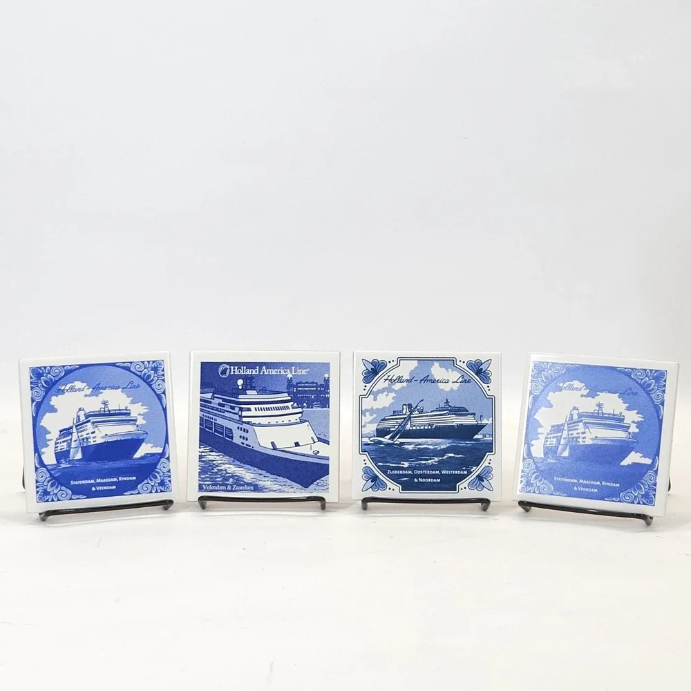 Vtg Holland America Line Tile Coaster Delft Blue Maritime Coastal Decorative 4pc